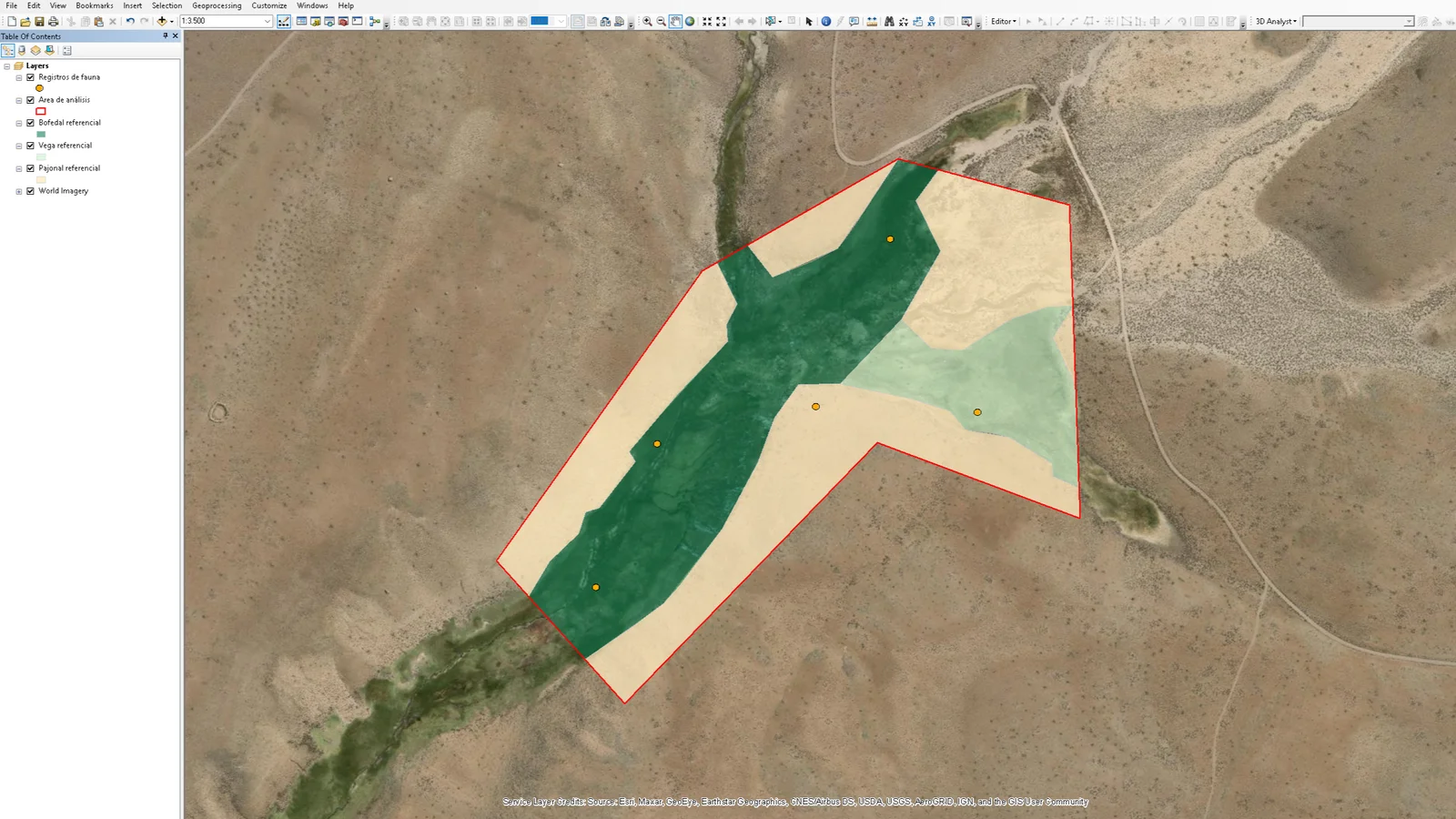 Ejemplo de análisis espacial en ArcMap con delimitación referencial de ambientes y puntos simulados de registros de fauna