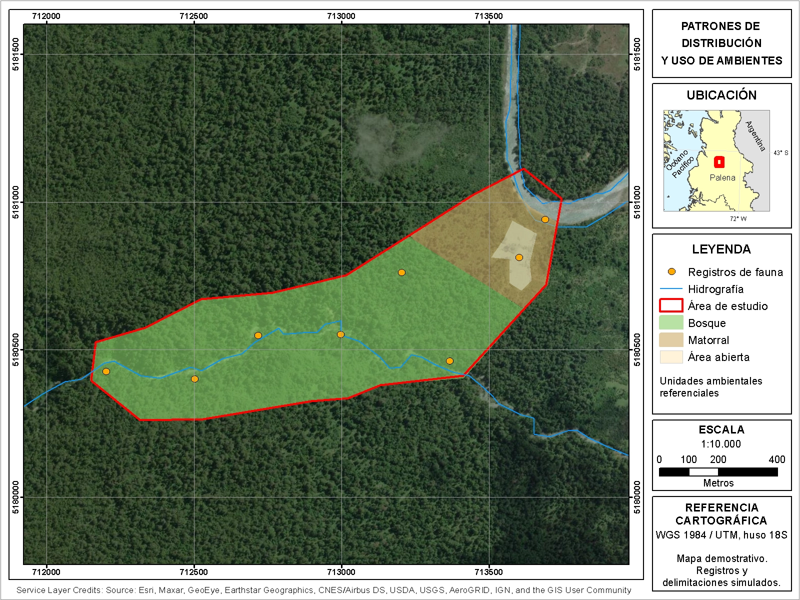 Mapa demostrativo con registros simulados de fauna distribuidos sobre diferentes unidades ambientales