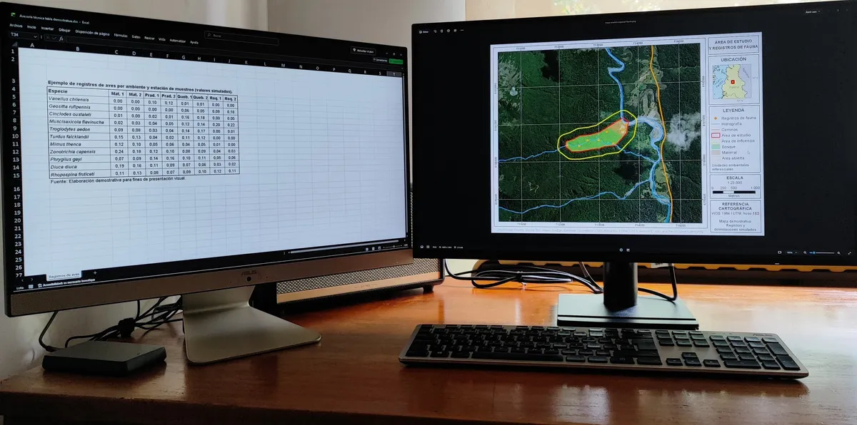 Estación de trabajo de Pumaconcolor con planilla de datos en Excel y cartografía ambiental en dos monitores