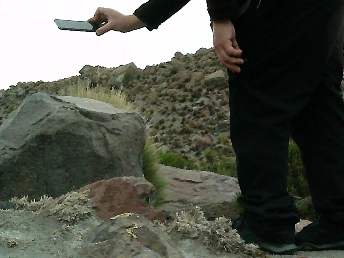Profesional realizando inspección de terreno en roquerío durante actividades de rescate y relocalización de fauna silvestre