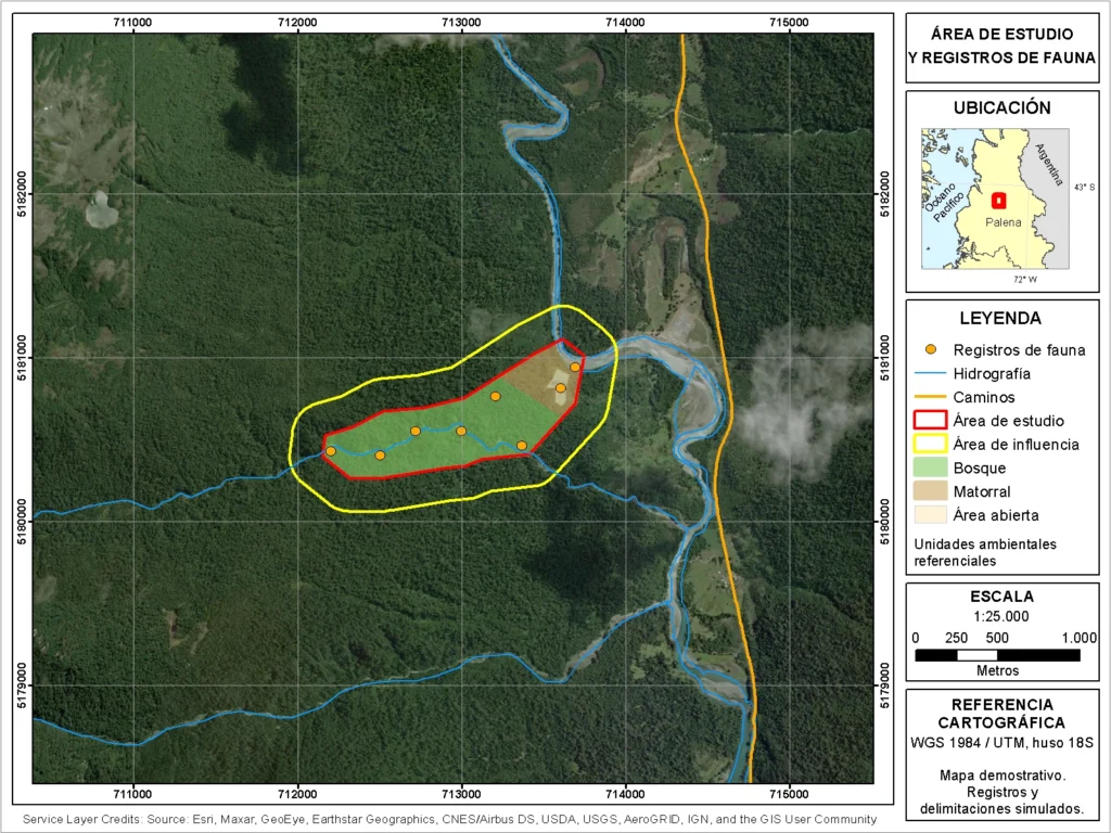 Mapa demostrativo de análisis espacial con área de estudio, ambientes y registros simulados de fauna