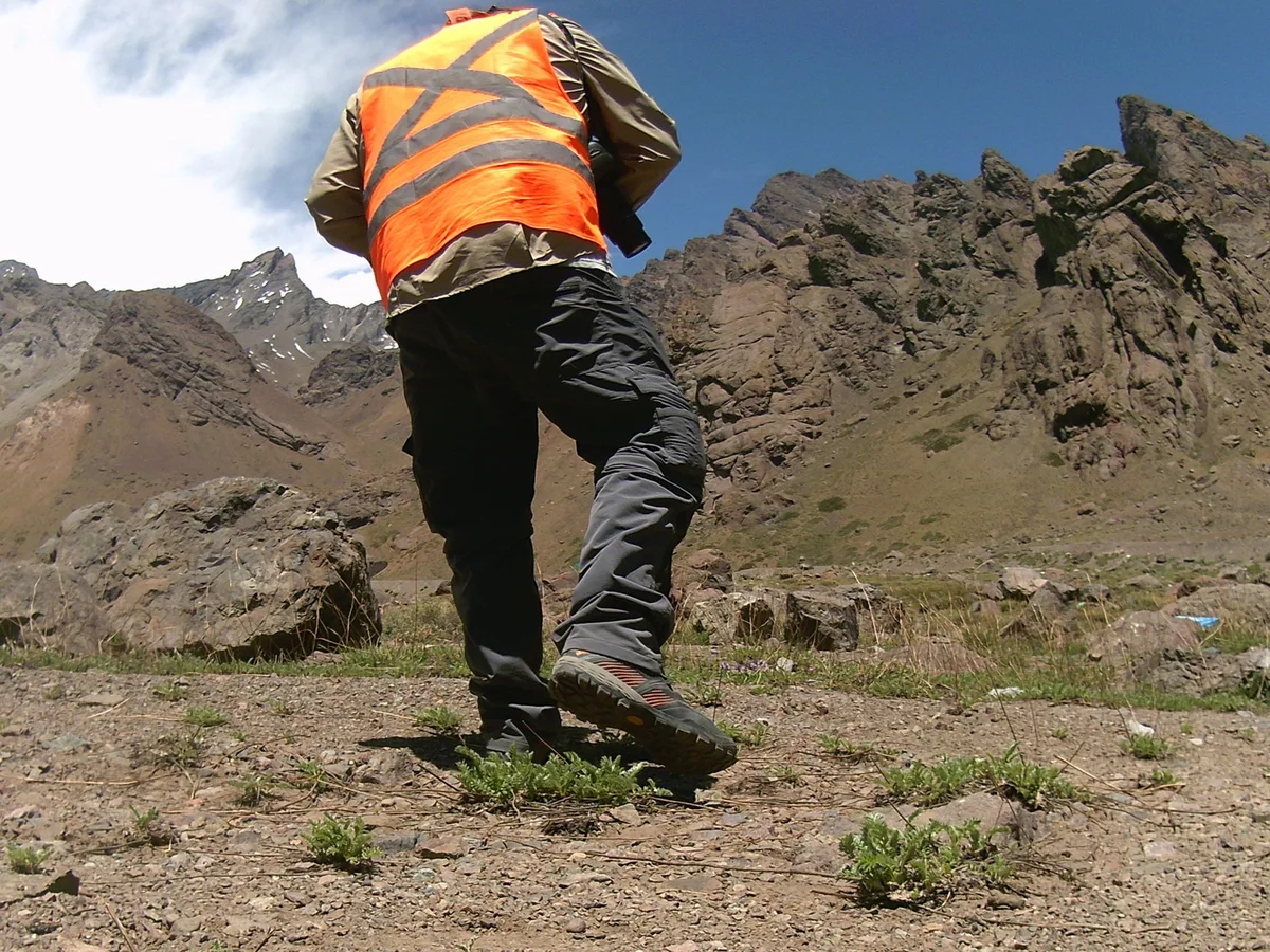 Profesional realizando trabajo de terreno para monitoreo de fauna silvestre en ambiente cordillerano